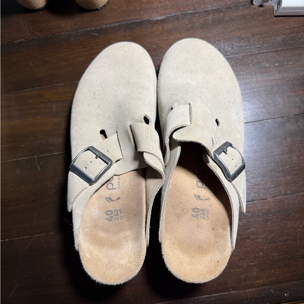 Beige Suede Slip-On Clogs with Buckle